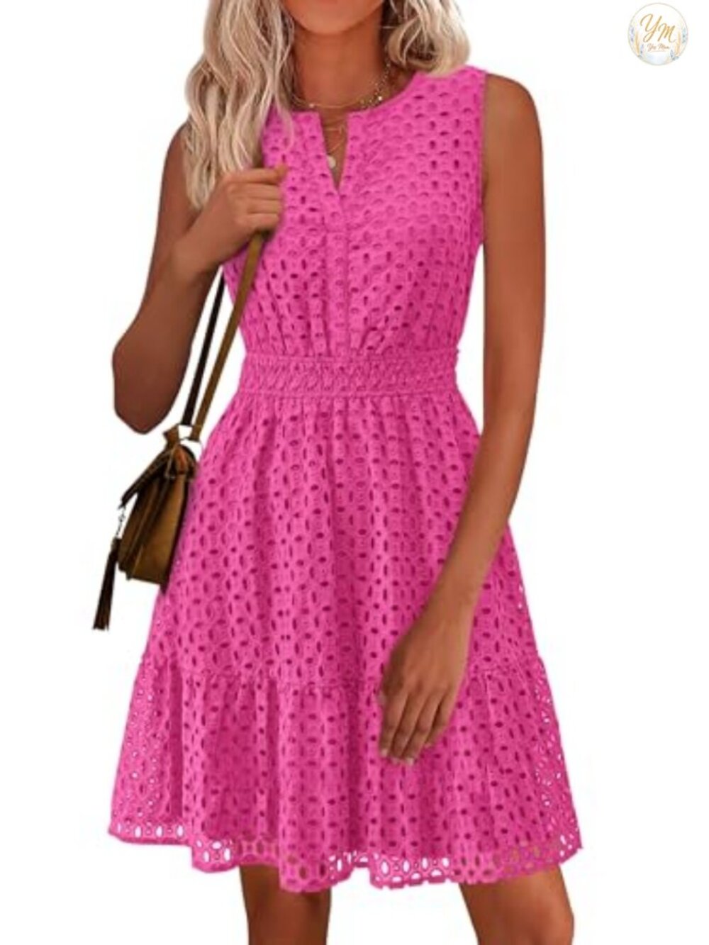 Eyelet A-Line Sleeveless V-Neck Cotton Summer Dress Knee-Length - Picture 1 of 6